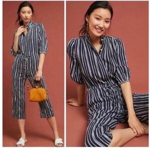 Anthropologie x Trovata Birds of Paradis Ingrid Striped Cropped Jumpsuit Navy M